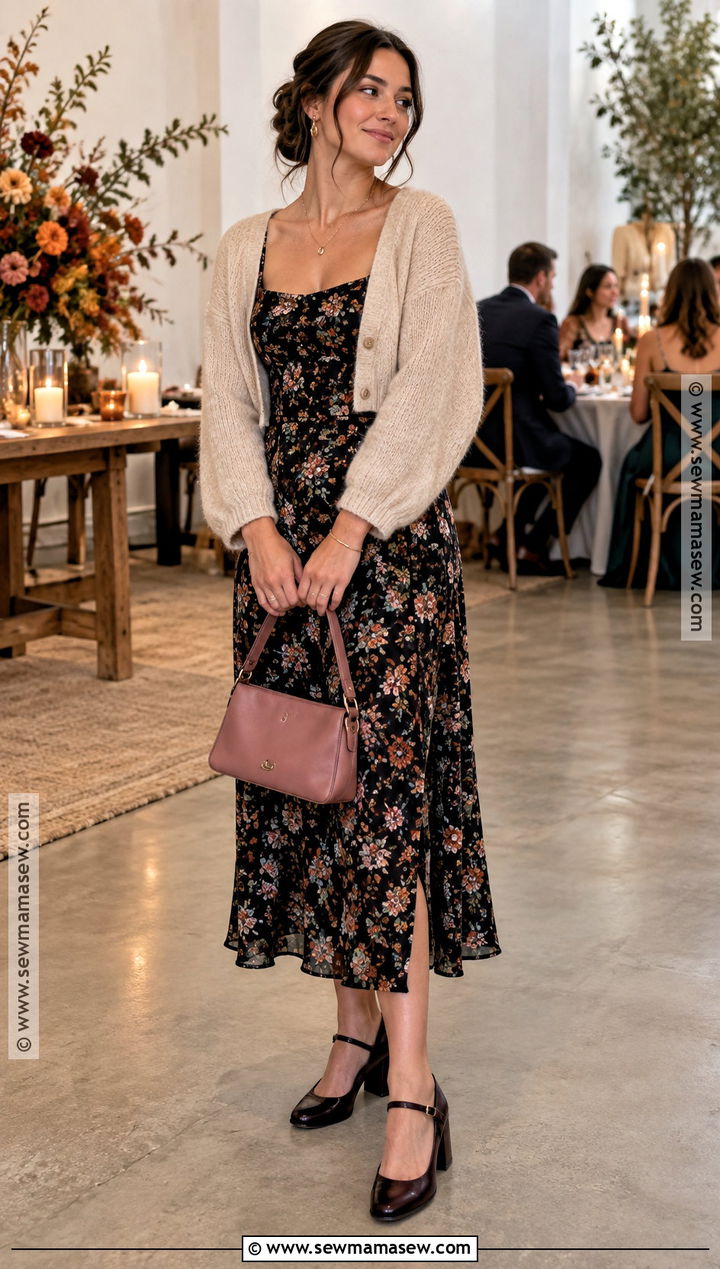 Black Floral Dress and Cardigan - 15 casual fall wedding outfit ideas