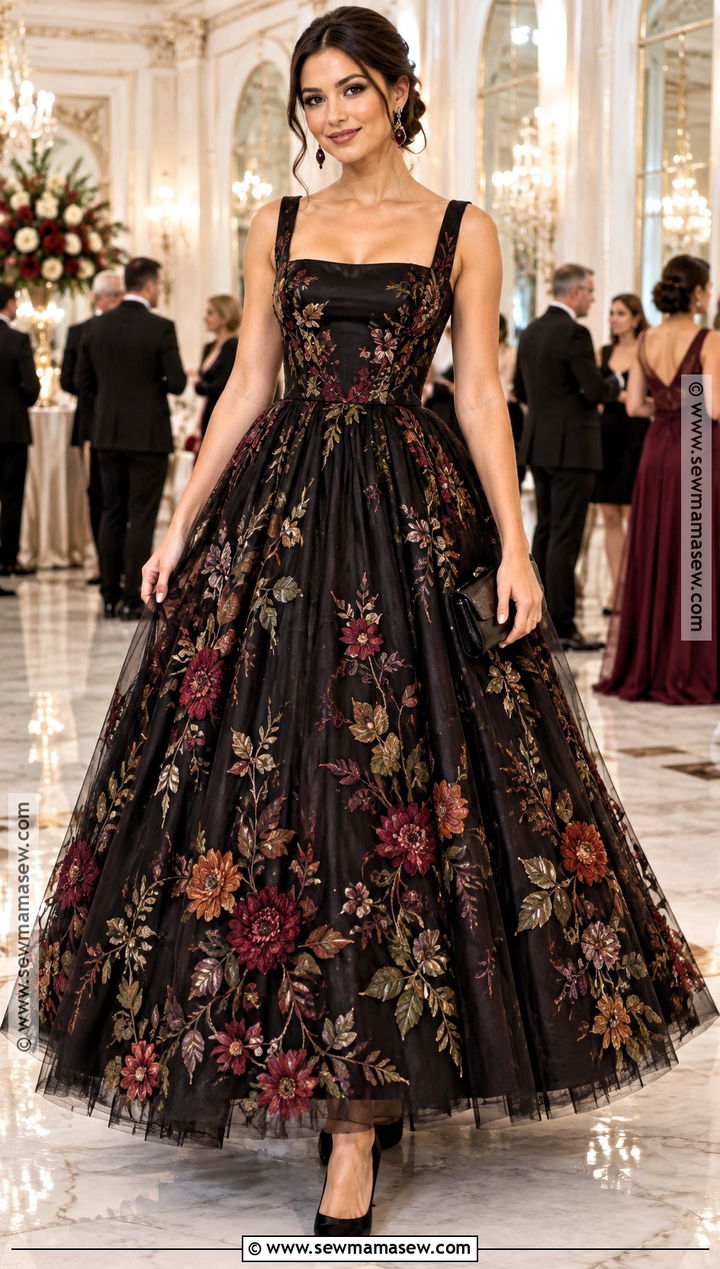 Black Floral Embroidered Autumn Ball Gown - 20 Autumn Ball Gown Ideas