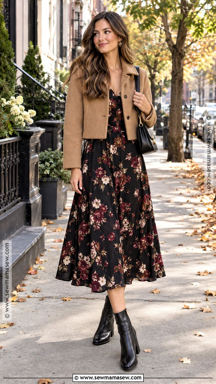 Black Floral Fall Midi Dress With Ankle Boots - 20 Floral Fall Dress Ideas
