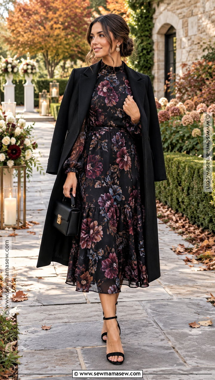 Black Floral Fall Wedding Guest Dress - 25 wedding guest outfit fall ideas