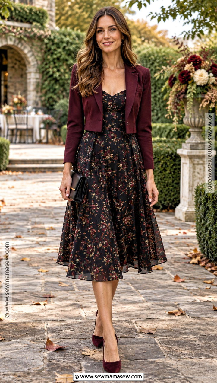 Black Floral Fit And Flare Dress for a Fall Semi Formal Wedding - 20 fall semi formal wedding attire ideas