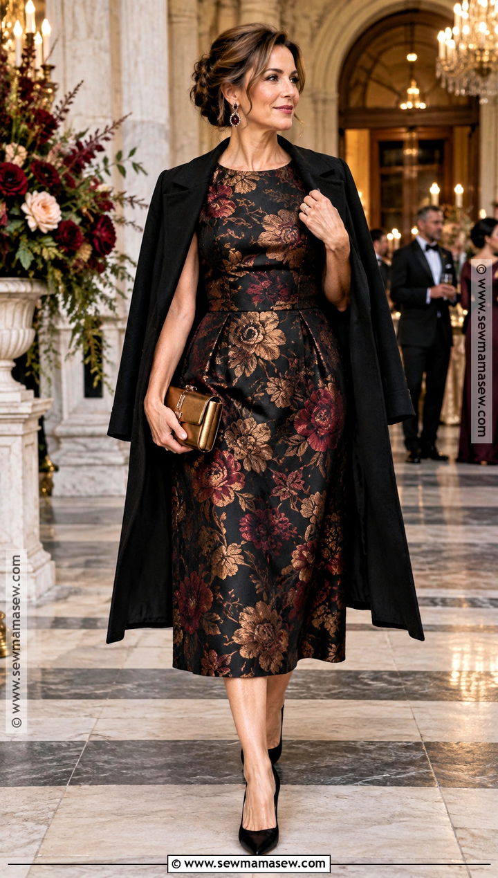 Black Floral Jacquard Dress Outfit - 20 fall cocktail wedding guest dress ideas