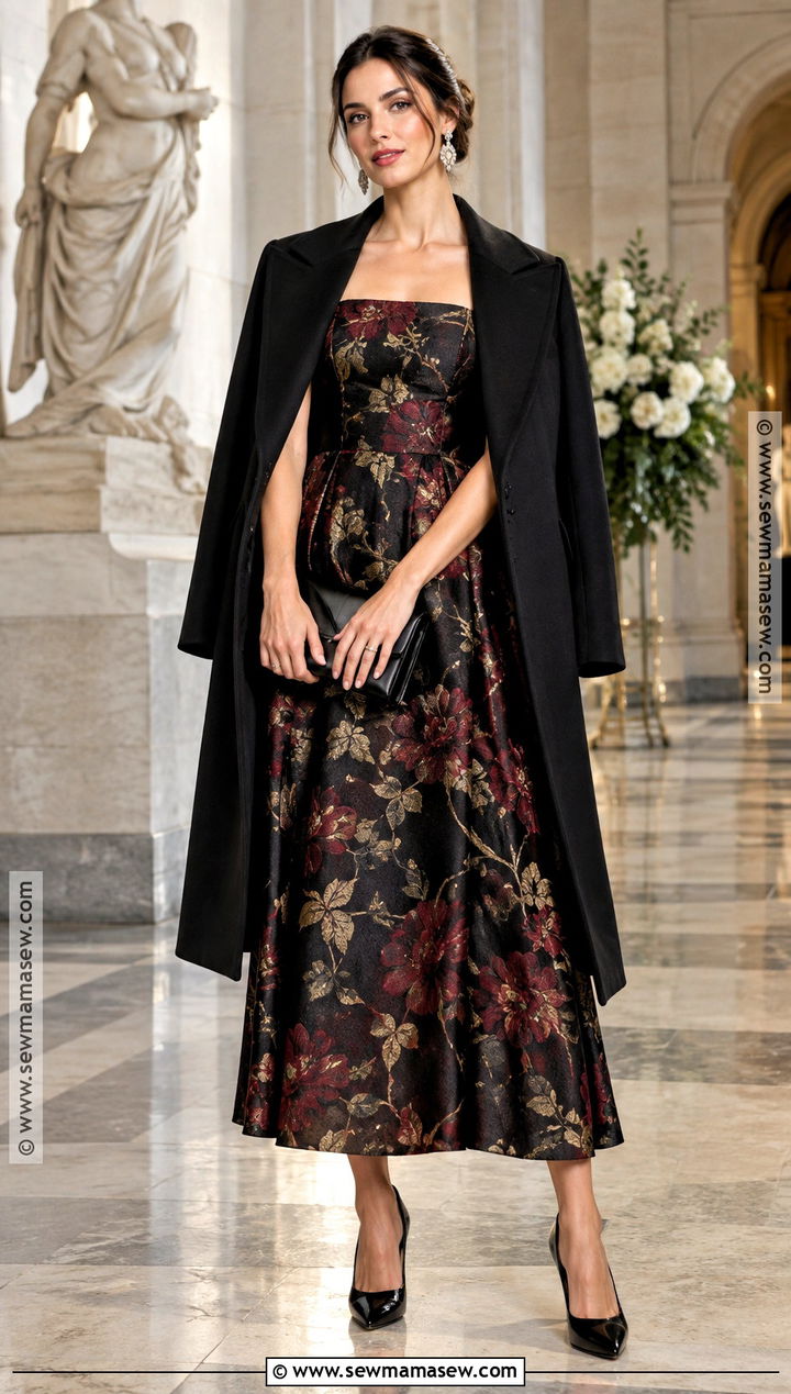 Black Floral Jacquard Gown Fall Wedding Guest Outfit - 20 fall formal wedding guest attire ideas