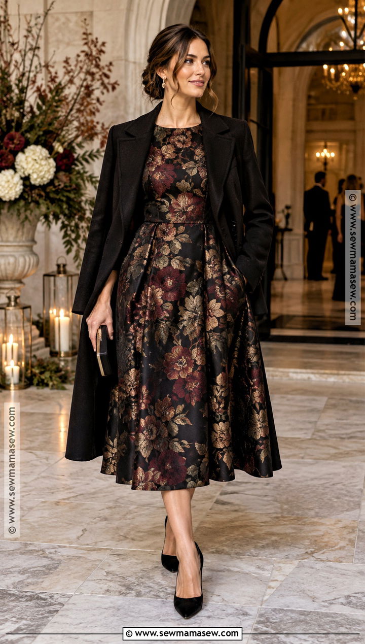 Black Floral Jacquard Wedding Guest Dress - 15 November Guest Wedding Dress Ideas