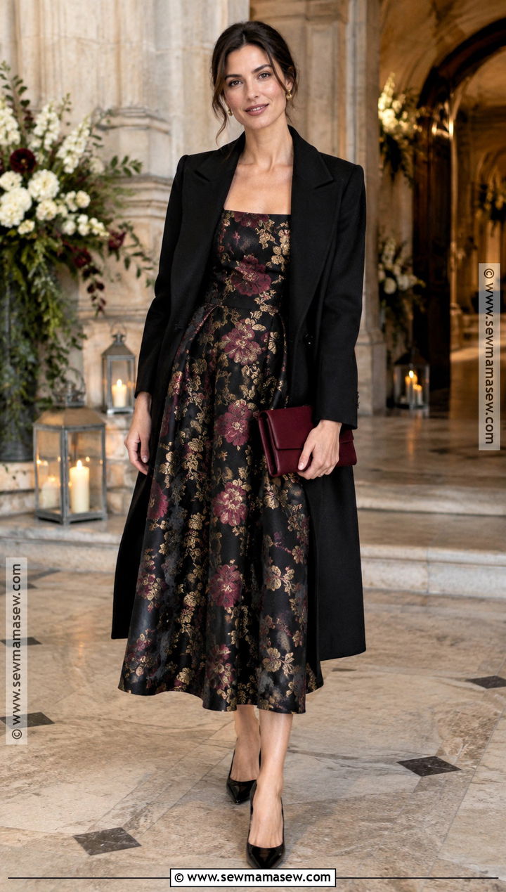 Black Floral Jacquard Wedding Guest Dress - 20 Fall Color Wedding Guest Dresses