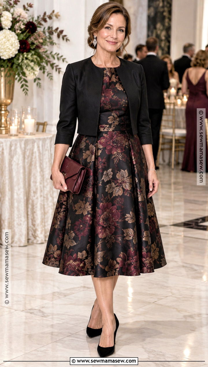 Black Floral Jacquard Wedding Guest Dress - 15 fall semi formal dresses wedding guest