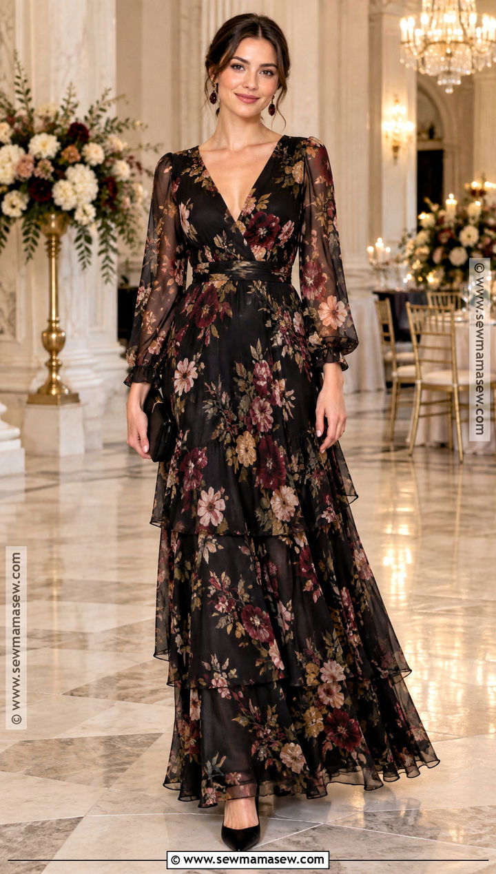 Black Floral Long Sleeve Bridesmaid Dress - 15 Fall Patterned Bridesmaid Dresses