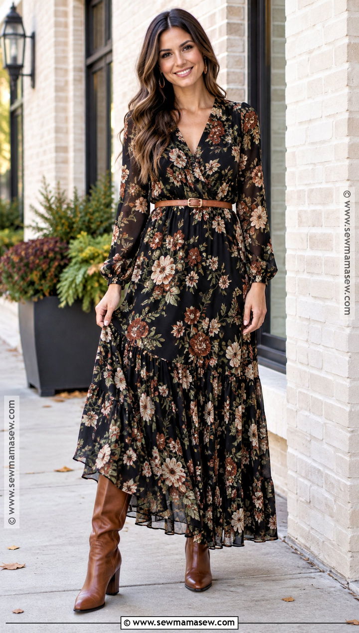 Black Floral Long Sleeve Dress Outfit - 20 fall dresses for family pictures