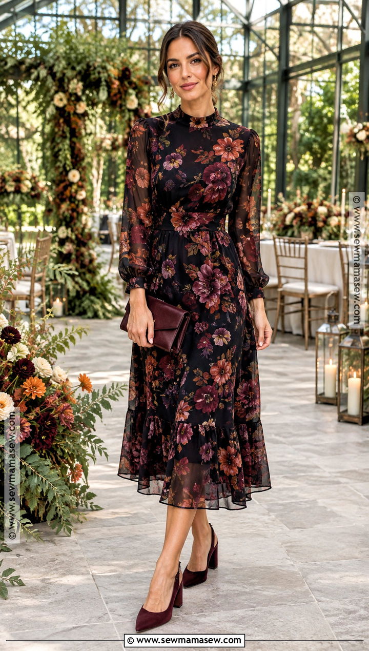 Black Floral Long Sleeve Dress - 15 Fall Garden Wedding Dress Ideas