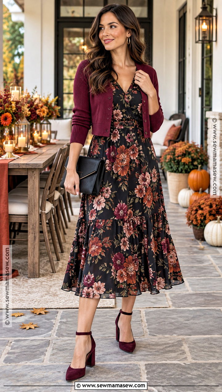 Black Floral Long Sleeve Fall Wedding Guest Dress - 20 casual fall wedding guest dress ideas