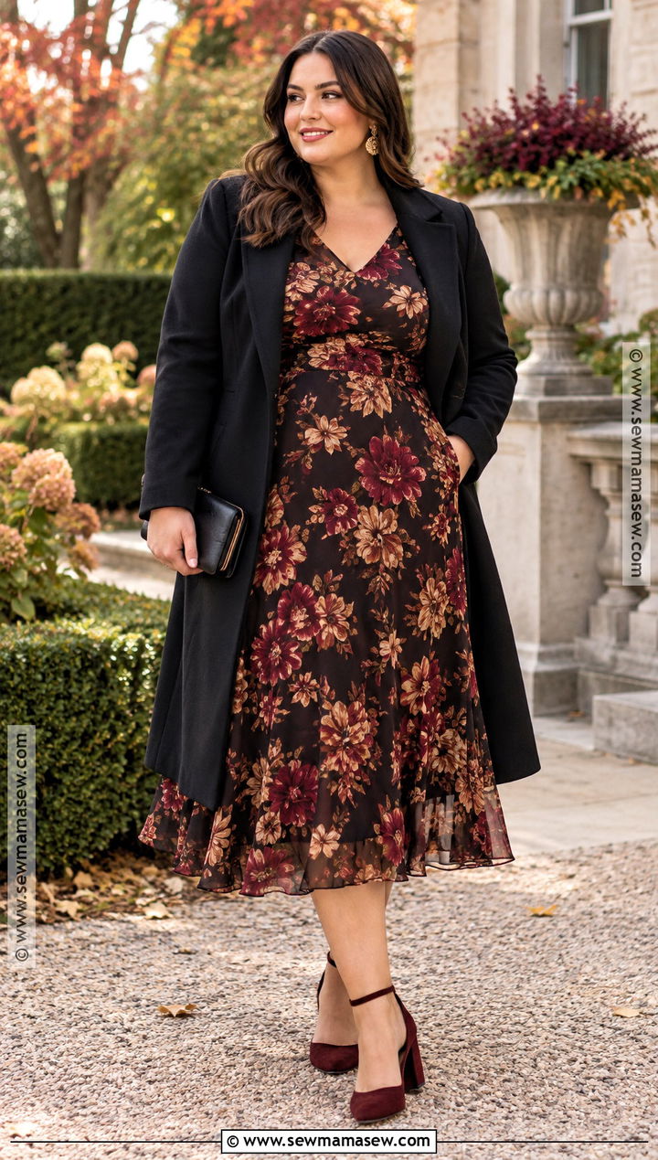 Black Floral Long Sleeve Fall Wedding Guest Dress - 15 Fall Wedding Guest Dress Outdoor Ideas