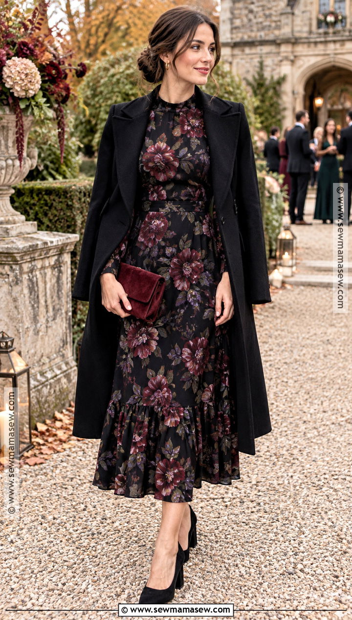 Black Floral Long Sleeve Midi Dress - 20 wedding thanksgiving dress ideas