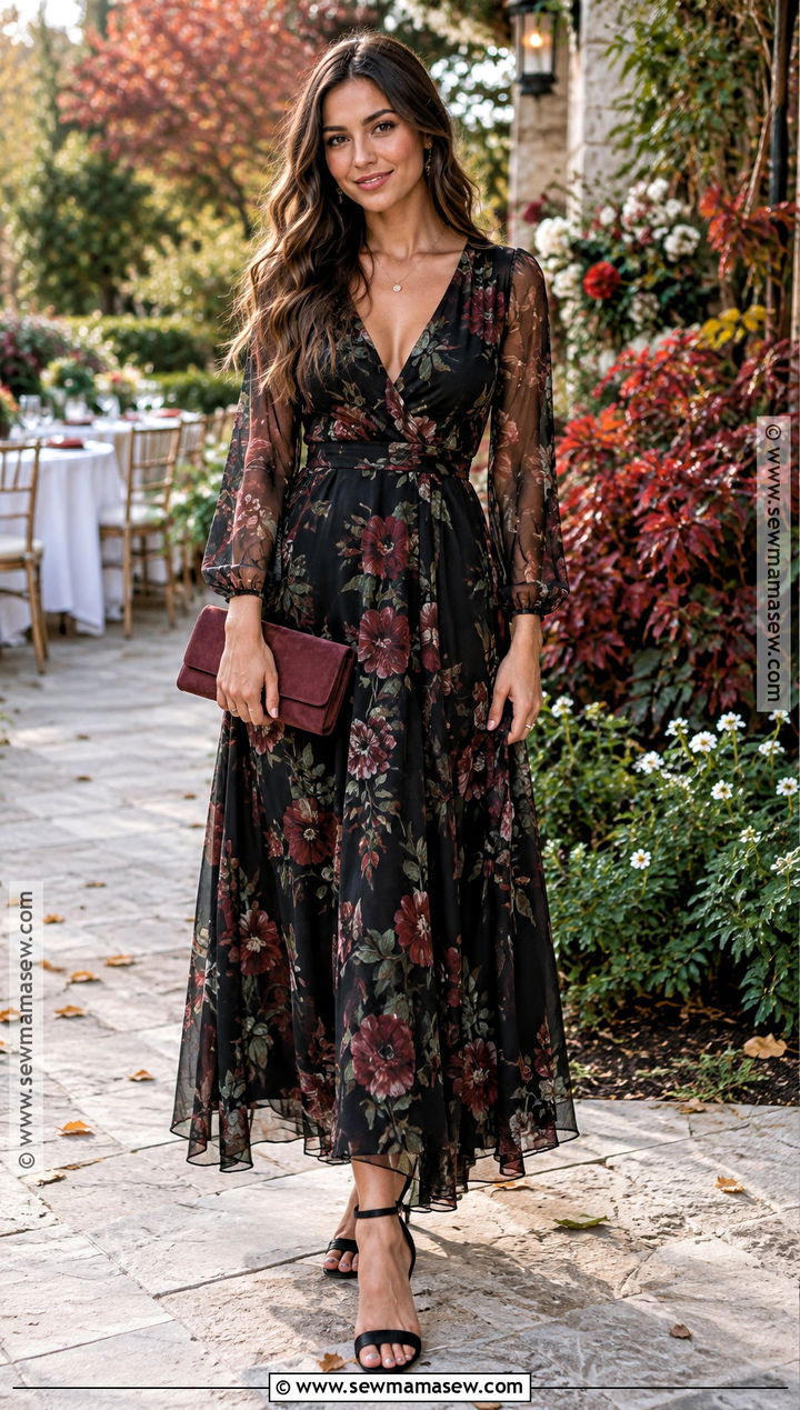 Black Floral Maxi Dress Fall Wedding Guest Outfit - 30 fall wedding guest outfit ideas