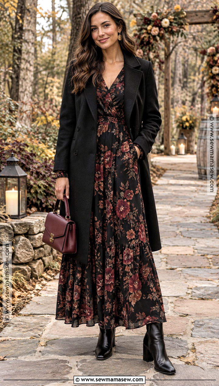 Black Floral Maxi Dress With Ankle Boots Outfit - 15 outside fall wedding outfit guest ideas