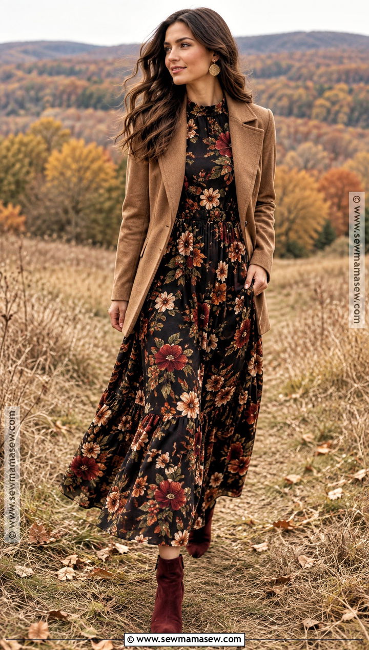 Black Floral Maxi Dress With Burgundy Boots - 15 Fall Picture Dresses for Women