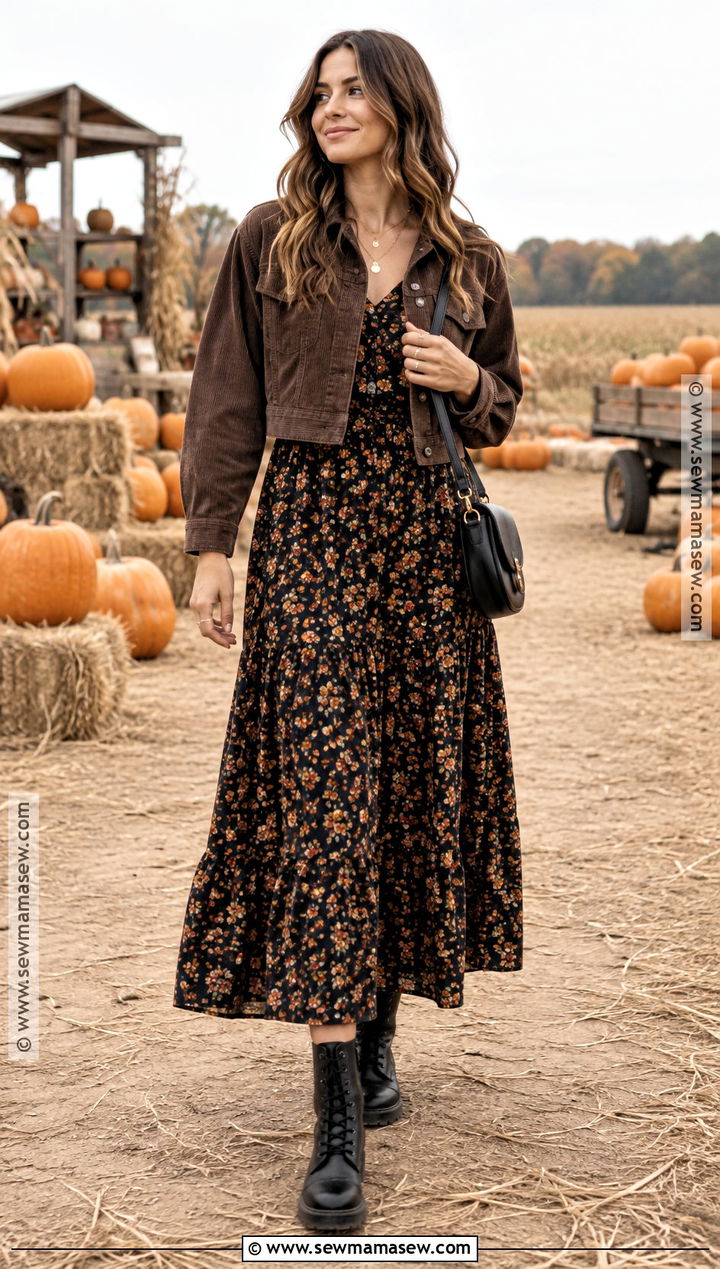 Black Floral Maxi Dress With Combat Boots - 15 Autumn Pumpkin Dress Ideas
