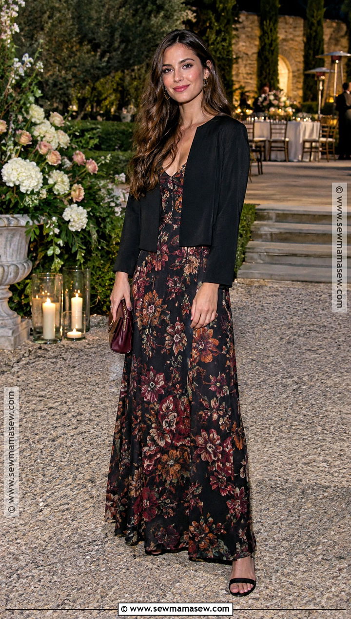 Black Floral Maxi Dress With Cropped Jacket - 15 outdoor fall wedding outfit ideas