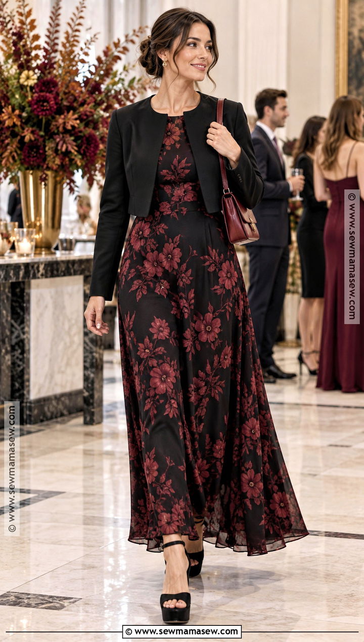 Black Floral Maxi Dress With Platform Heels - 15 fall heels with dress