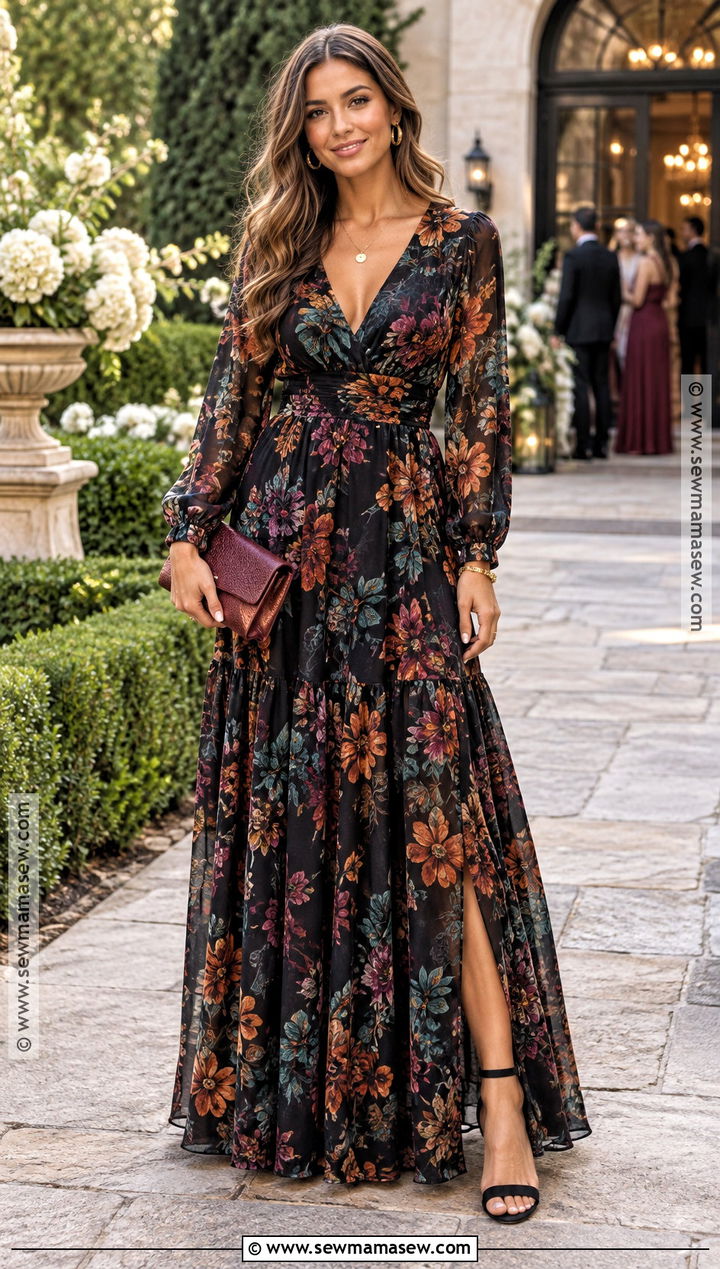 Black Floral Maxi Fall Wedding Guest Dress - 25 fall dresses to wear to a wedding