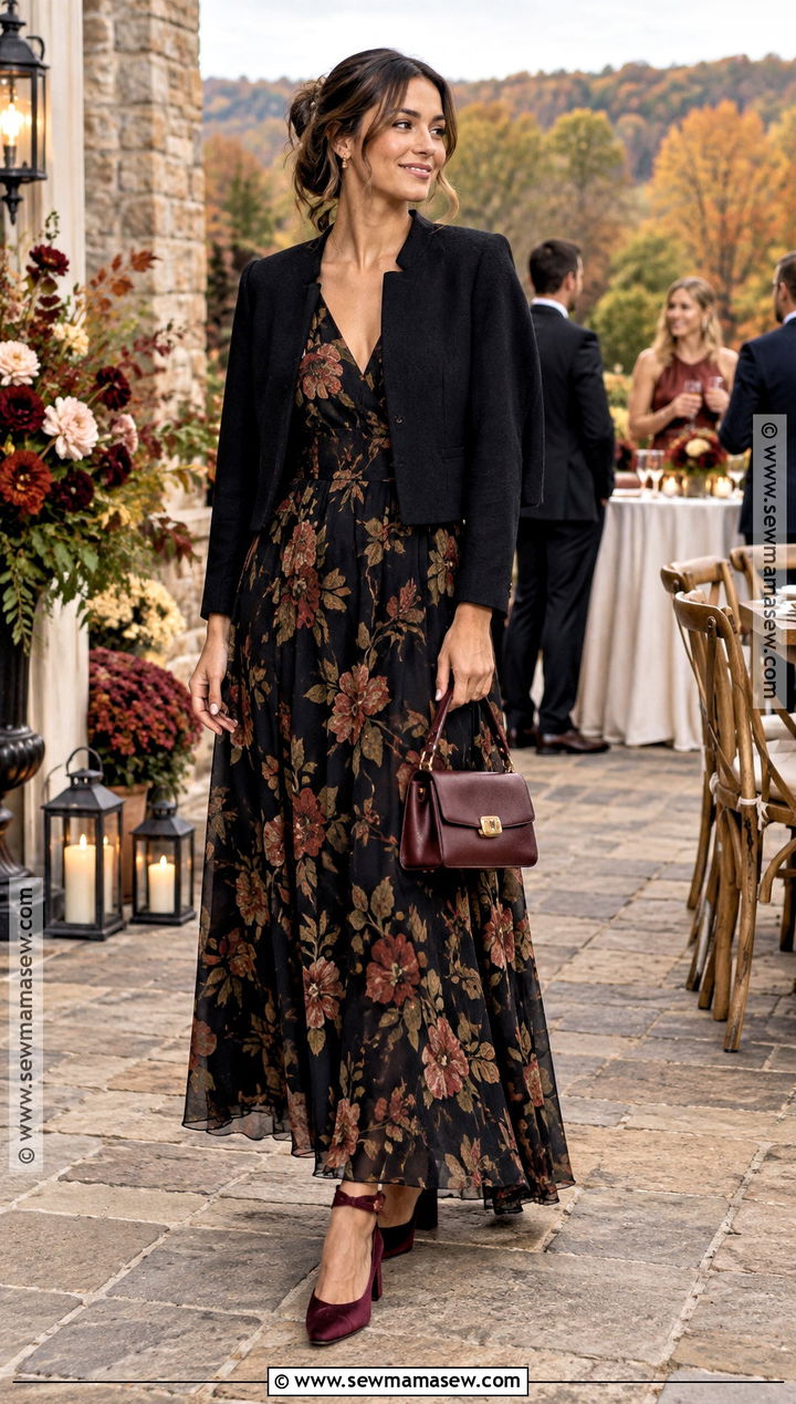 Black Floral Maxi Fall Wedding Guest Outfit - 20 fall wedding guest outfit casual ideas