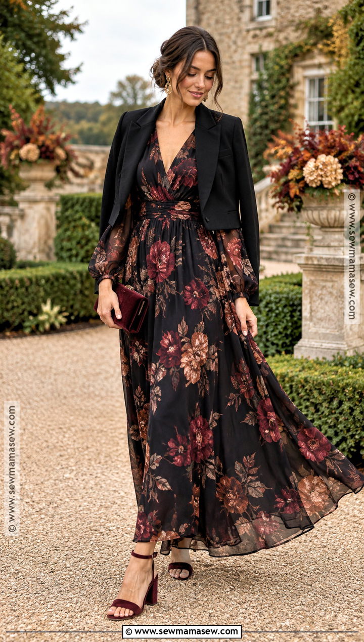 Black Floral Maxi October Wedding Guest Outfit - 20 Wedding Guest October Outfit Ideas