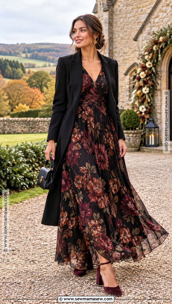 Black Floral Maxi Wedding Guest Outfit - 20 wedding guest autumn outfit ideas
