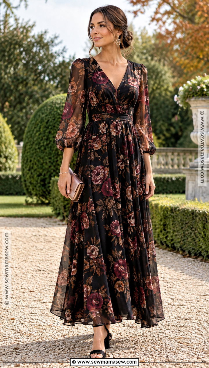 Black Floral Maxi Wedding Guest Outfit - 15 autumn wedding outfit guest ideas