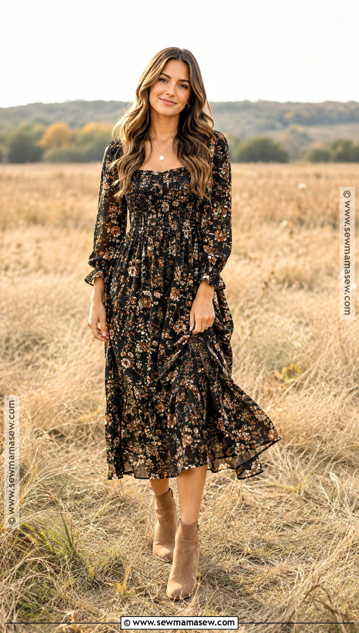 Black Floral Midi Dress And Camel Boots For Fall Family Photos - 20 Fall Dress For Family Photos Ideas