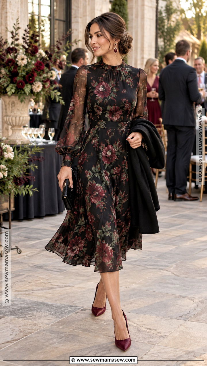 Black Floral Midi Dress For Fall Wedding Guest - 15 fall outfits for wedding guest
