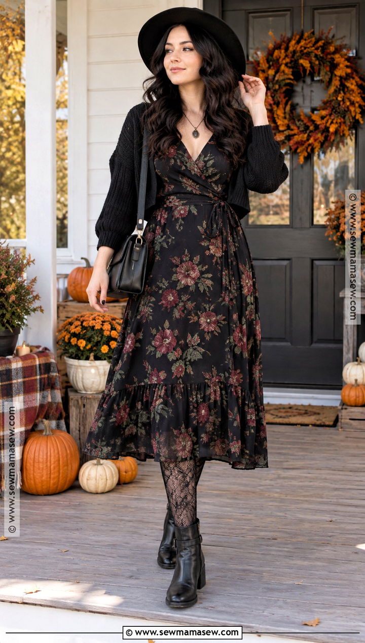 Black Floral Midi Dress Goth Outfit - 15 thanksgiving outfit goth ideas