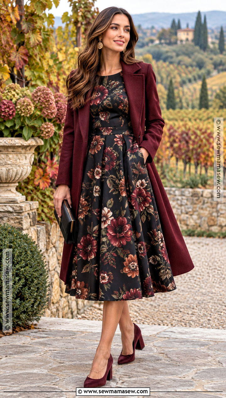 Black Floral Midi Dress Winery Wedding Outfit - 15 winery wedding outfit guest fall ideas