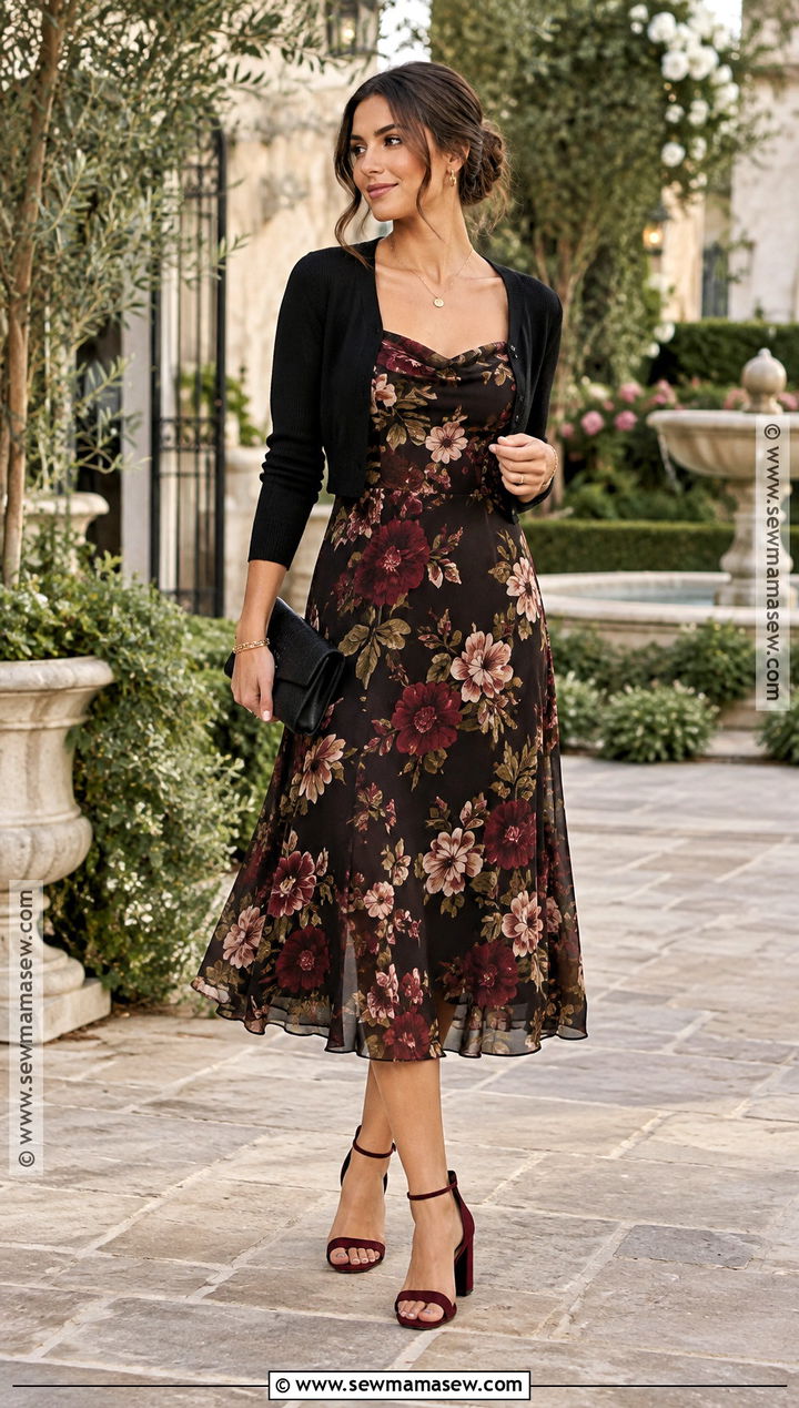 Black Floral Midi Dress for a California Fall Wedding - 15 California Fall Wedding Guest Dress Ideas