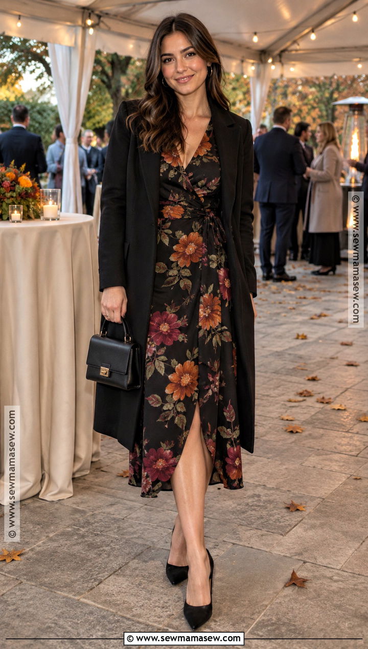 Black Floral Midi Fall Outdoor Wedding Guest Dress - 20 fall outdoor wedding guest dress ideas