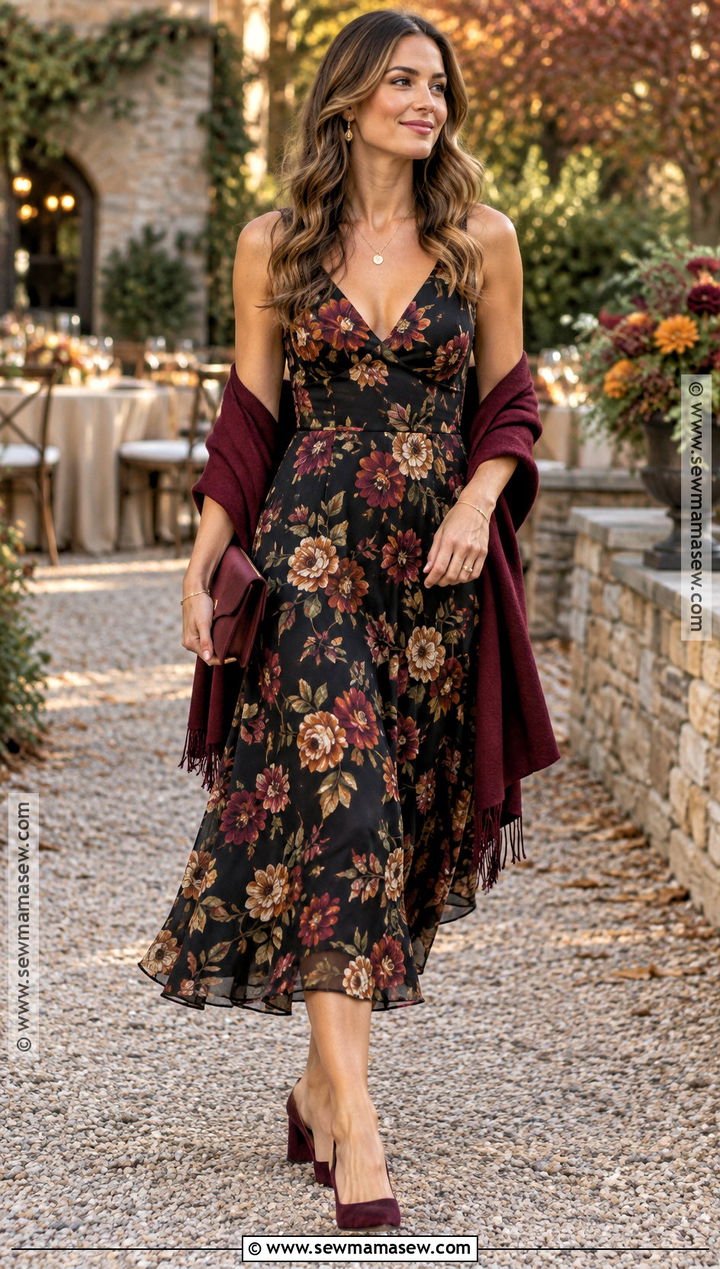 Black Floral Midi Fall Wedding Guest Dress - 15 Fall Wedding Guest Dress Casual Outdoor Ideas