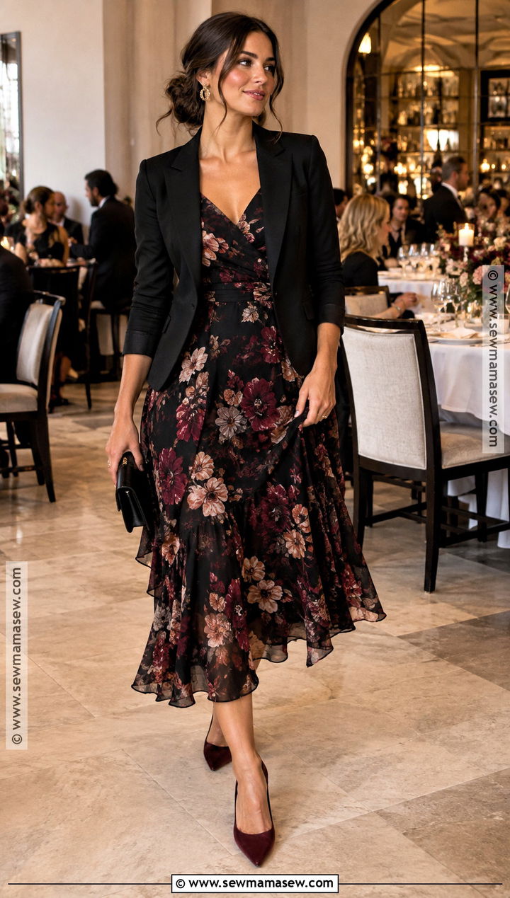 Black Floral Midi Fall Wedding Guest Dress - 15 wedding reception dress for guest fall ideas