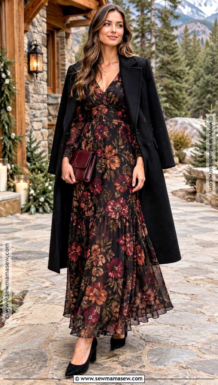 Black Floral Mountain Wedding Guest Dress - 20 fall mountain wedding guest dress ideas