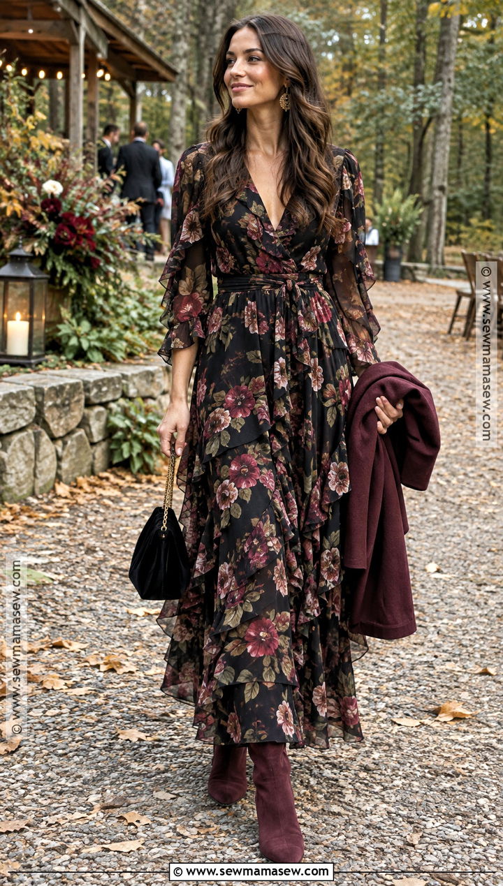 Black Floral Ruffle Dress With Burgundy Boots - 15 boho wedding guest dress fall ideas