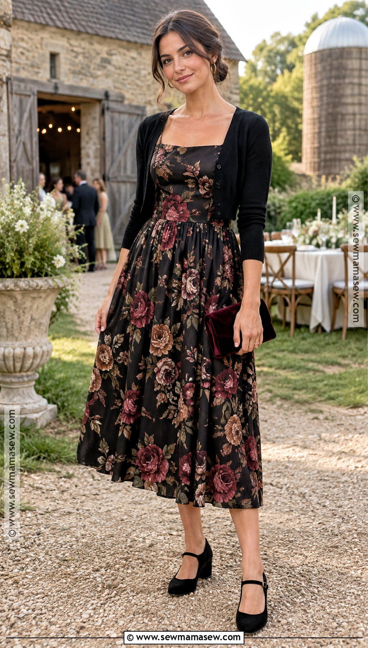 Black Floral Tea Length Dress With Mary Jane Heels - 20 Fall Farm Wedding Guest Attire Ideas