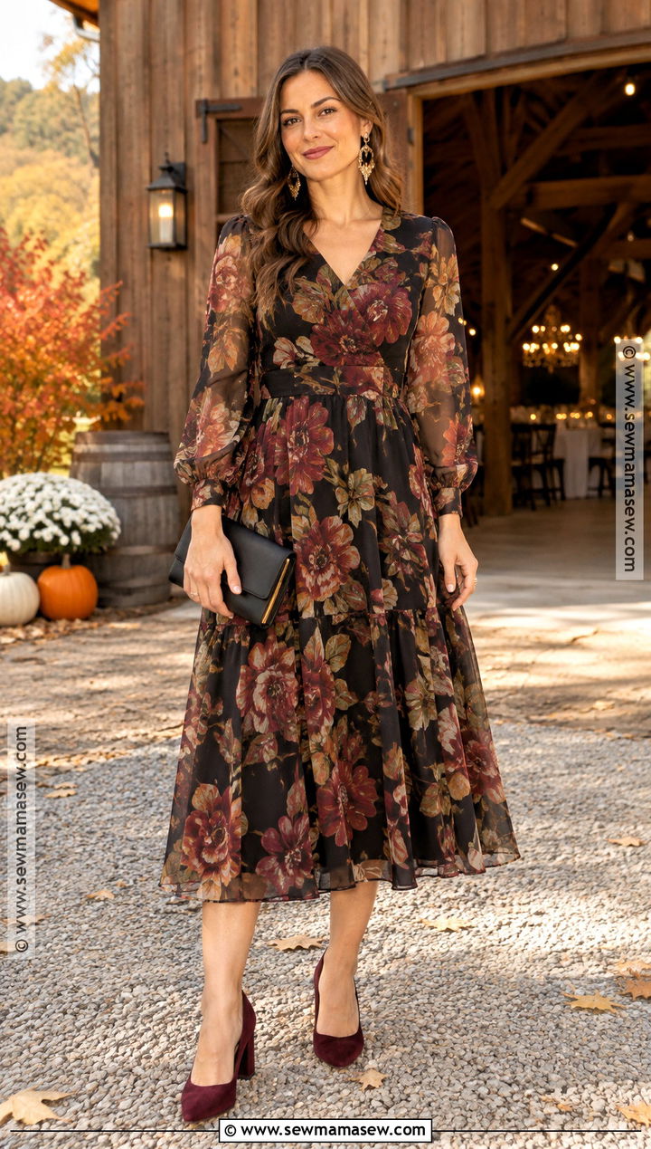Black Floral Tea Length Fall Barn Wedding Guest Dress - 20 fall barn wedding guest dress ideas