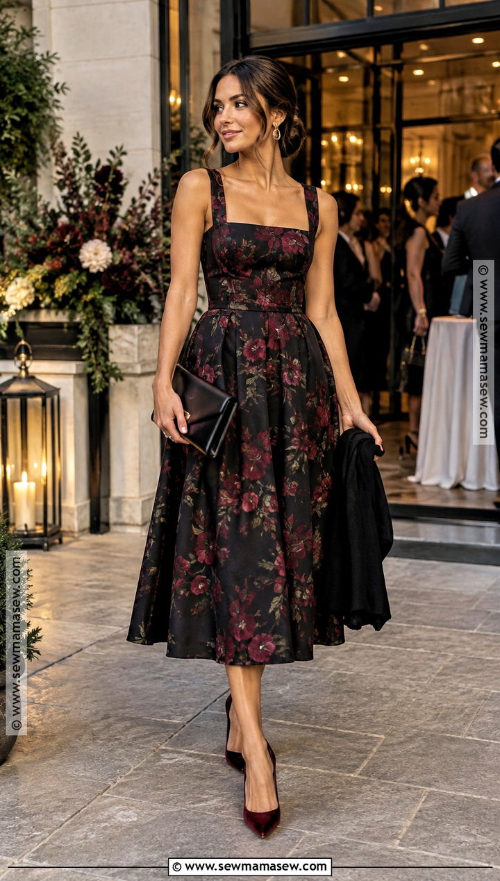 Black Floral Tea Length Wedding Guest Dress - 20 early fall wedding guest dress ideas