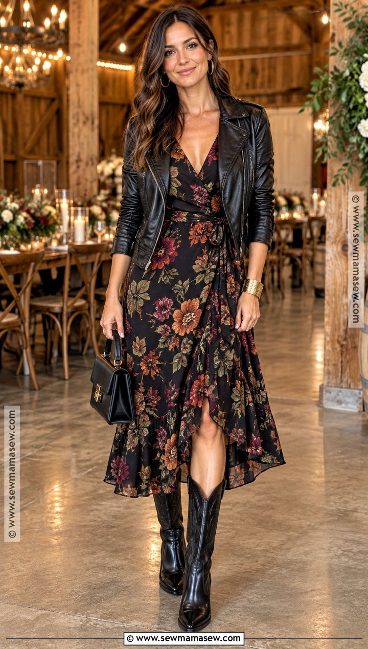 Black Floral Wrap Dress Country Wedding Guest Outfit - 15 country fall wedding outfit guest ideas