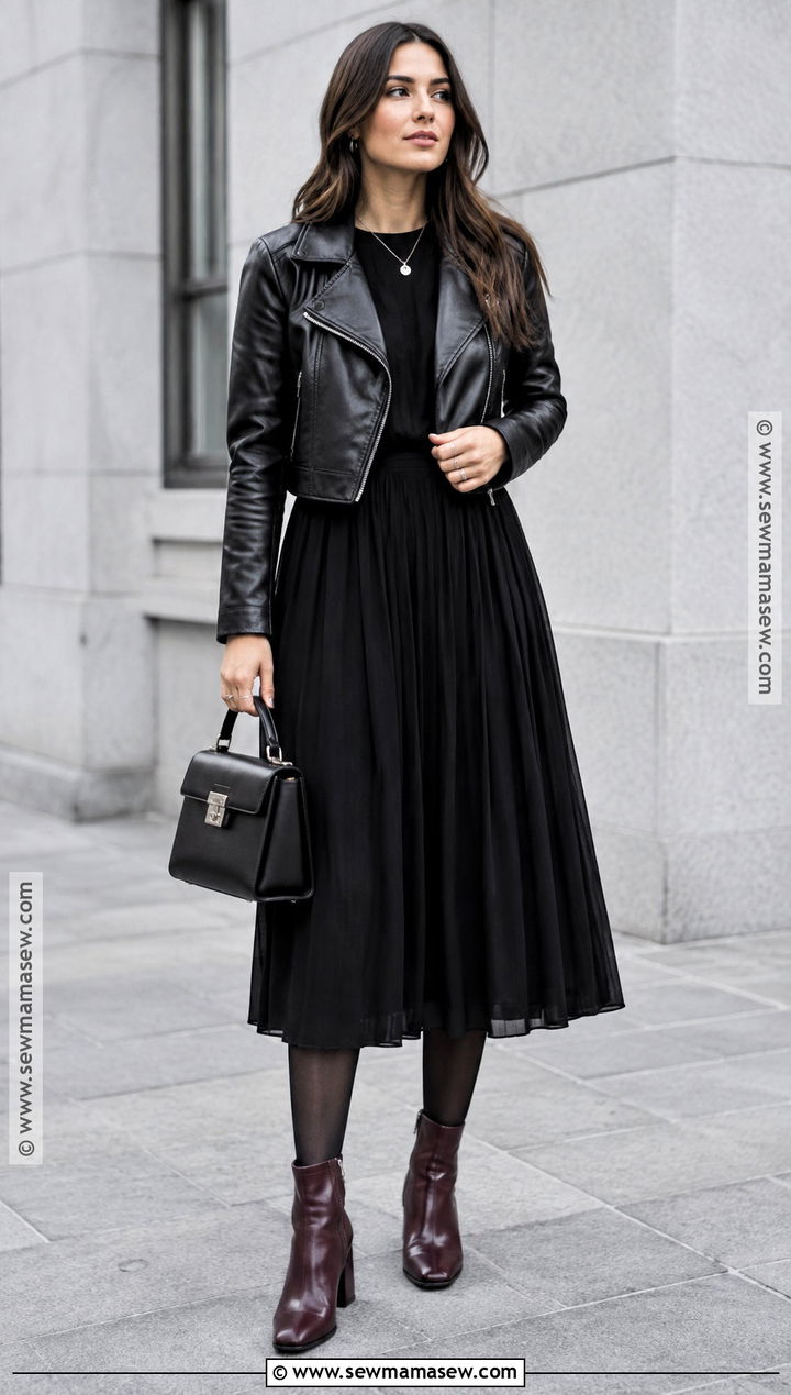 Black Flowy Midi Dress With Leather Jacket - 15 Cute Flowy Dresses Fall
