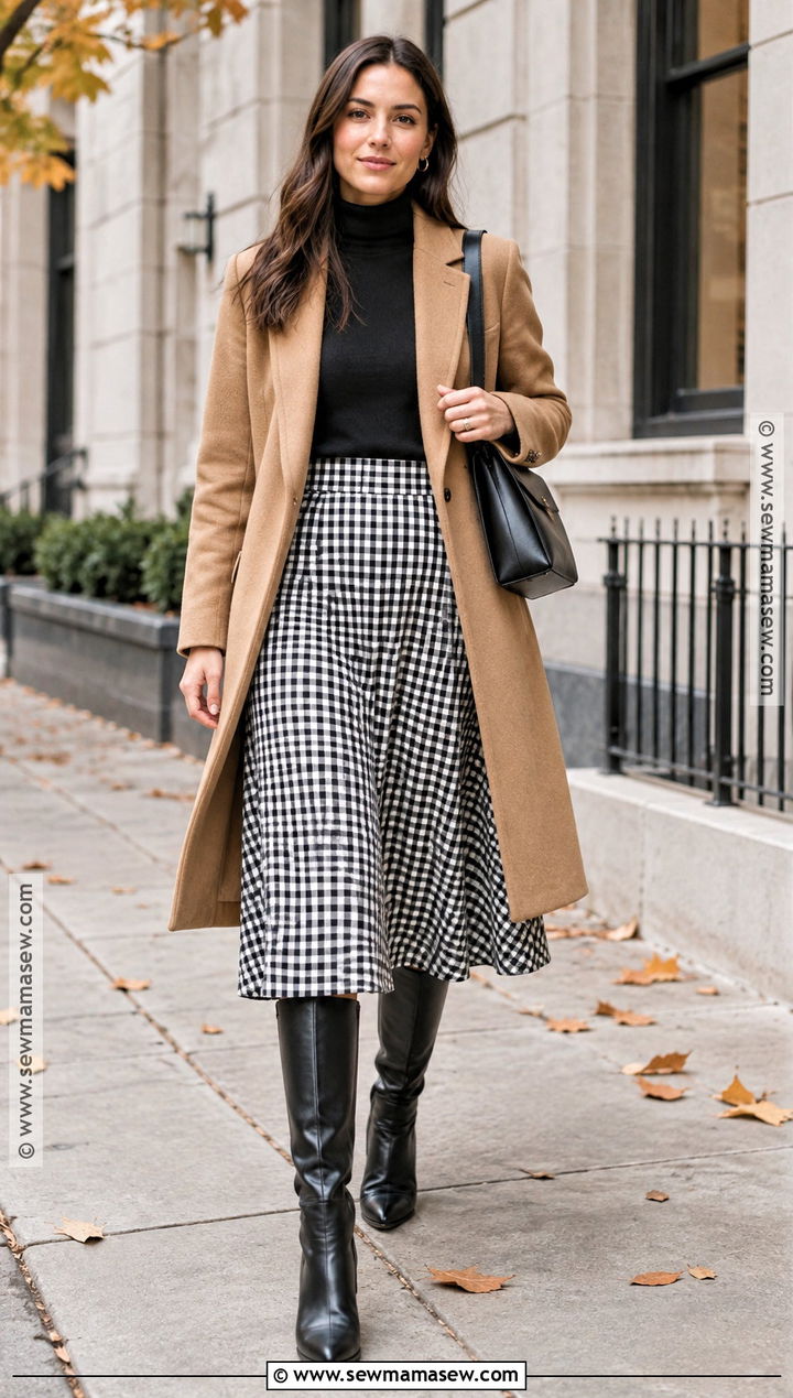 Black Gingham Skirt With Turtleneck - 15 fall gingham fashion ideas