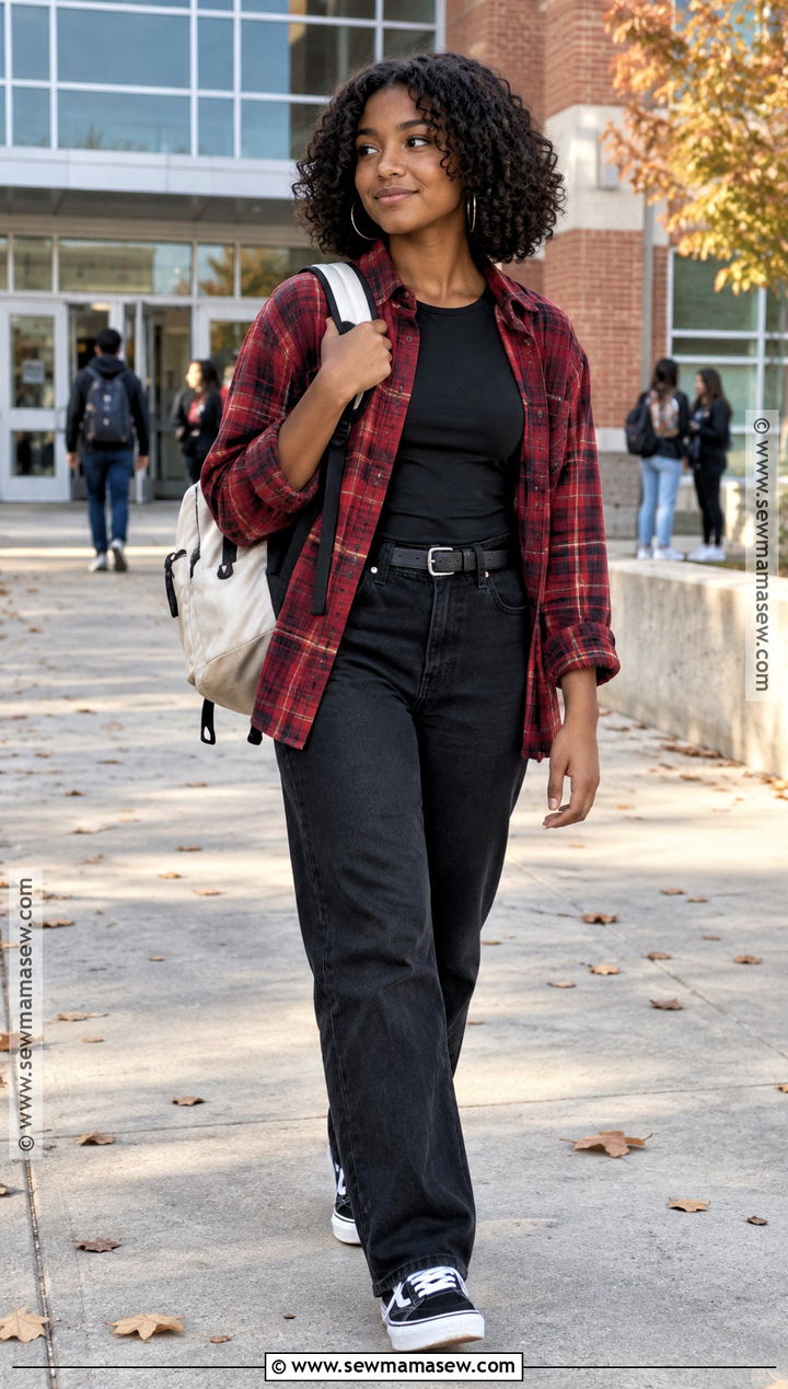 Black Girl Flannel Shirt And Black Jeans Outfit - 15 cute back to school outfits black