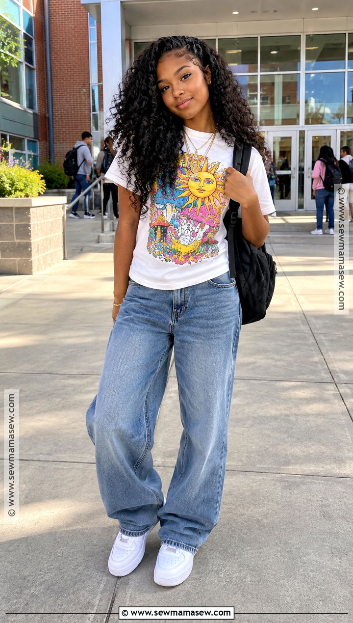 Black Girl Graphic Tee And Baggy Jeans Outfit - 15 cute back to school outfits black
