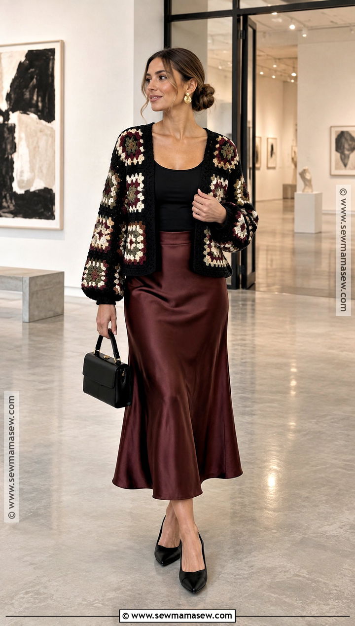 Black Granny Square Cardigan With Satin Midi Skirt - 15 Crochet Fall Granny Square Cardigan Ideas