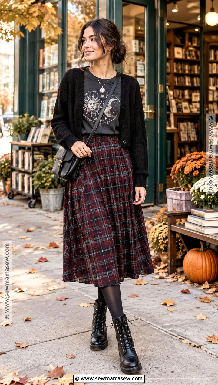 Black Graphic Tee And Plaid Midi Skirt Outfit - 20 dark fall aesthetic outfits