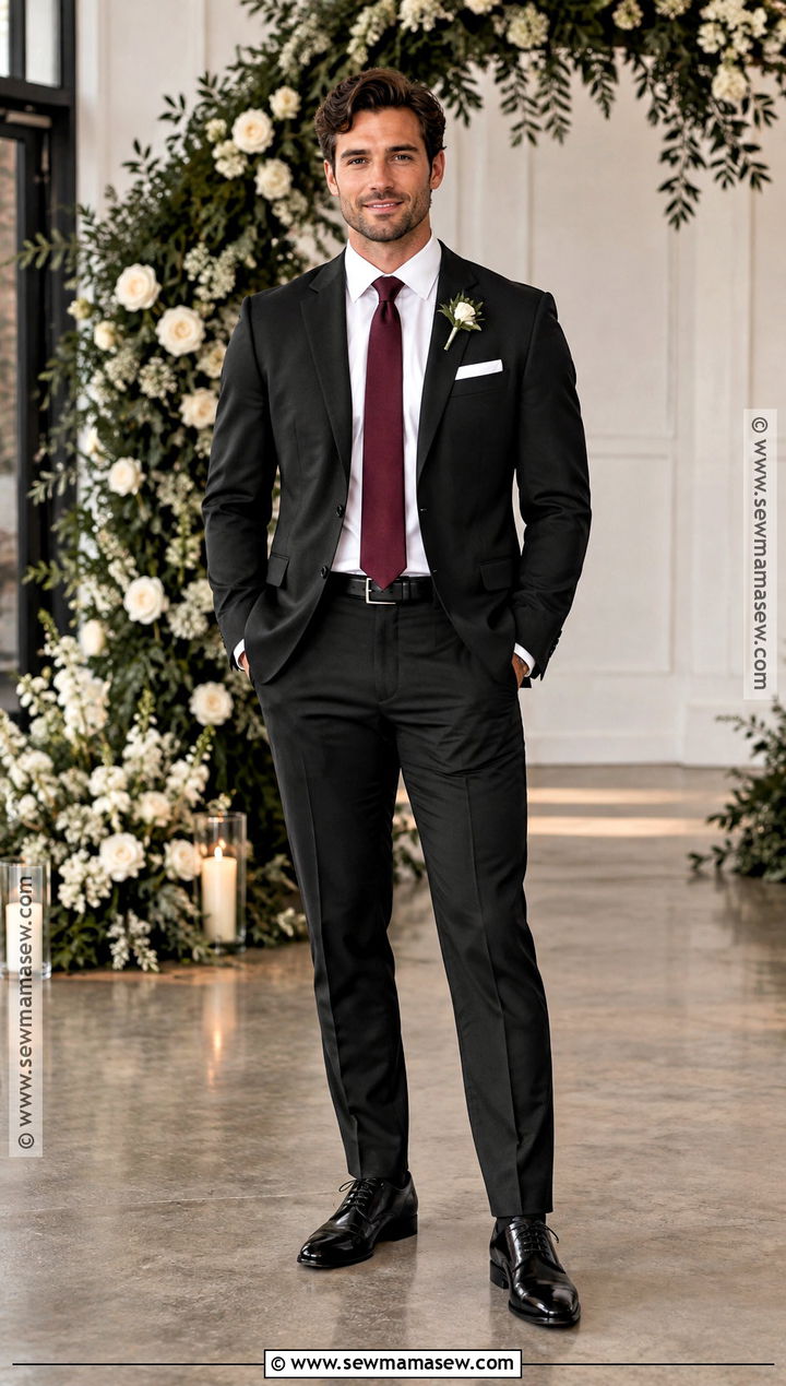 Black Groom Suit With A Burgundy Tie For A Fall Wedding - 15 groom attire for fall wedding ideas