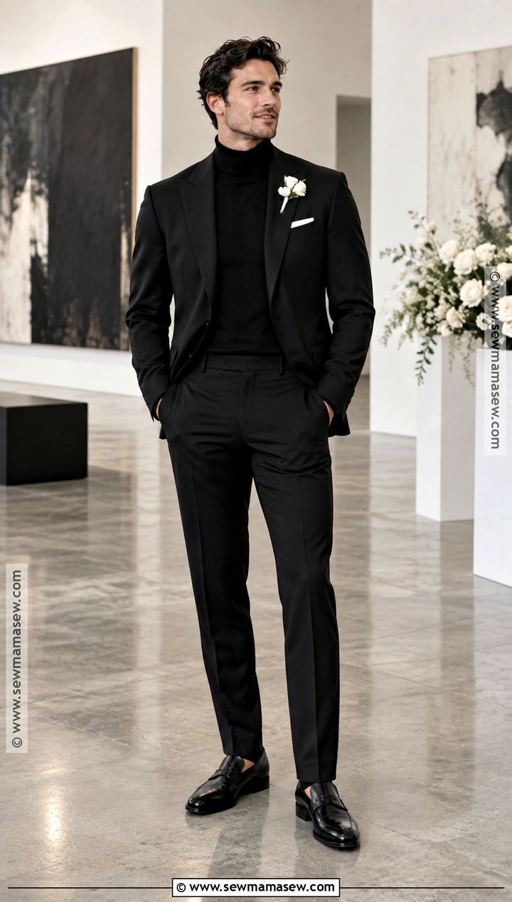 Black Groom Suit With Black Turtleneck - 20 fall groom attire ideas