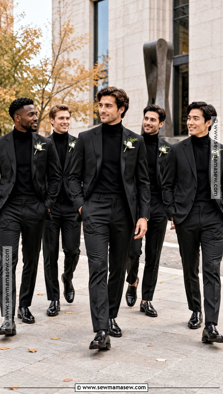 Black Groomsmen Suit With Black Turtleneck - 15 fall wedding groomsmen attire black ideas